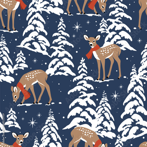 Seamless vector pattern with cute Christmas fawn, snowy pine trees, and snowflakes. Hand drawn illustration artwork. Perfect for textile, wallpaper or print design.