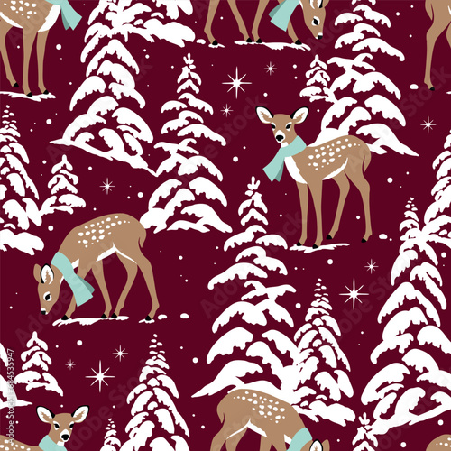 Seamless vector pattern with cute Christmas fawn, snowy pine trees, and snowflakes. Hand drawn illustration artwork. Perfect for textile, wallpaper or print design.