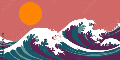 Waves in tropical colors and asian patterns, banner for Asian American and Pacific Islander Heritage Month (APAHM) in may	