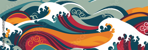 Waves in tropical colors and asian patterns, banner for Asian American and Pacific Islander Heritage Month (APAHM) in may 