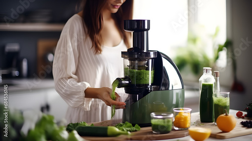 Woman juicing making green juice with juice machine in home kitchen. Healthy detox vegan diet with vegetable cold pressed extractor to extract nutrients for smoothie drink. generative ai. photo