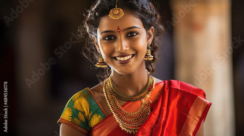 Attractive Indian woman portrait wearing traditional sari and jewelery photo