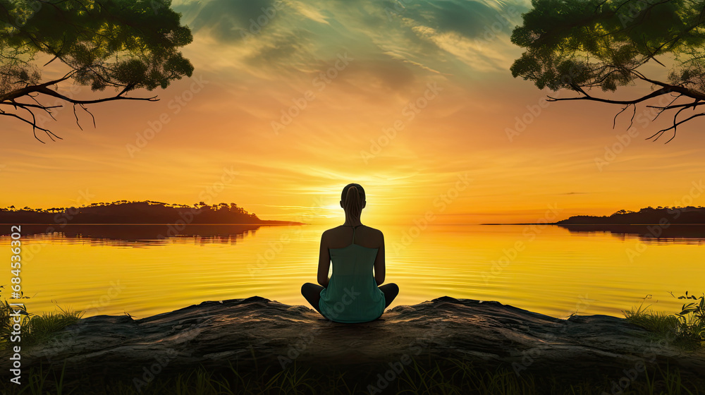 silhouette female person practicing meditation in a peaceful environment enjoys a moment of relaxation, calm, health and harmony as the sun sets over a calm lake created with Generative AI Technology