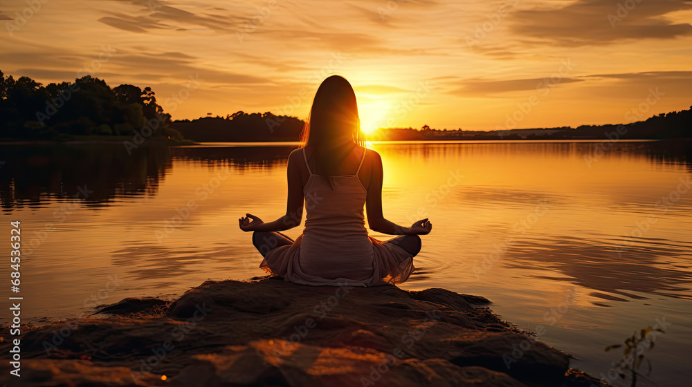 silhouette female person practicing meditation in a peaceful environment enjoys a moment of relaxation, calm, health and harmony as the sun sets over a calm lake created with Generative AI Technology