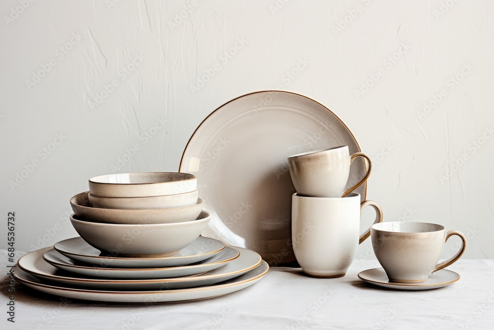 Obraz premium The rustic kitchen furnishings with vintage style ceramic bowls, plates and cups create a charming and nostalgic atmosphere.