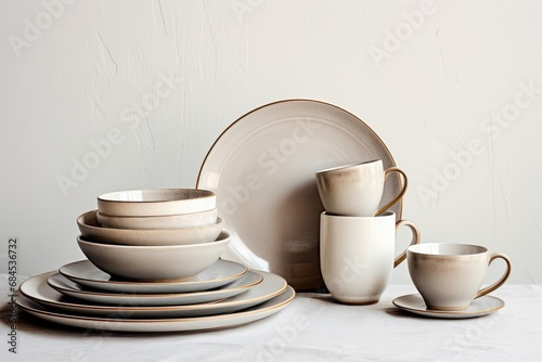 The rustic kitchen furnishings with vintage style ceramic bowls  plates and cups create a charming and nostalgic atmosphere.