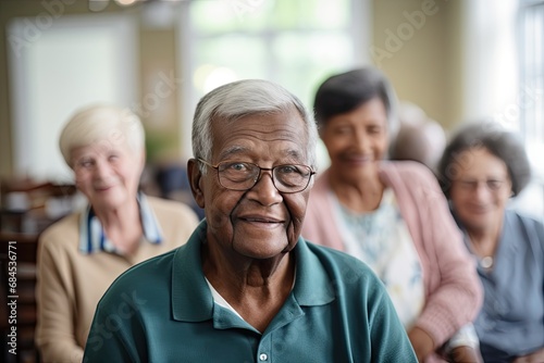 A happy group of elderly people, both men and women, enjoying togetherness and laughter indoors, demonstrating a sense of care and friendship in their later years.