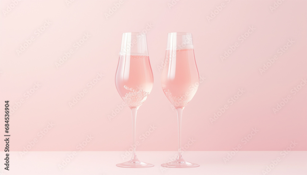 Two pink champagne glasses on a two tone pastel background. Celebration minimal concept copy space. Golden festive background. minimalism,romantic style Two pink champagne glasses on a two tone pastel background. Celebration minimal concept copy space. Golden festive background. minimalism,romantic style