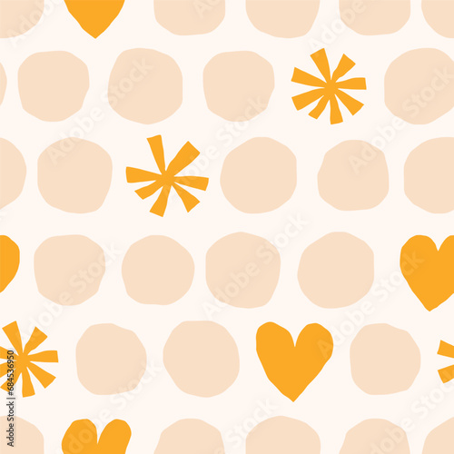 Cute seamless pattern with circles, snowflakes and hearts. Colourful vector texture with different shapes