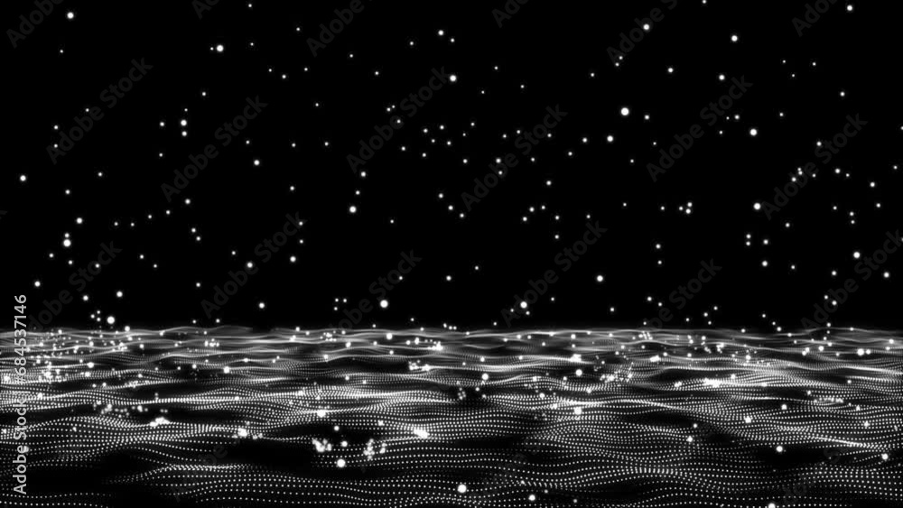Abstract Hi-Tech bouncing white particles background. White sphere particles are falling, bouncing, and exploding into sparks. Futuristic dot-wave animation background. 3D animation 4k video