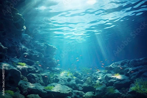 An underwater scene showing a bright and clear blue sea with rays of sunlight penetrating the water  creating a beautiful play of light on the ocean floor.
