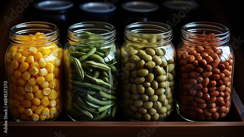 Vegetables and legumes preserved in glass jars.