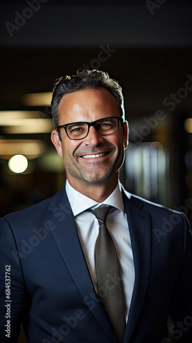 Smiling happy middle aged senior banker businessman bank manager ceo professional executive in office wearing blue suit shirt created with Generative AI Technology