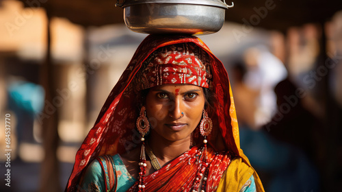 Attractive Indian woman portrait wearing traditional sari and jewelery holding bowl on the head