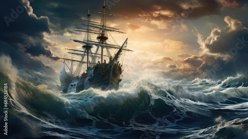 vintage sailing ship with the bow of the ship in the middle of the sea with a storm , big waves with foam, and beautiful clouds created with Generative AI Technology photo
