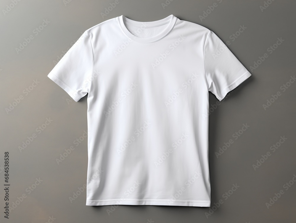 Plain white t-shirt, front and back view, on a gray background. Plain white t-shirt, front and back view, on a gray background.