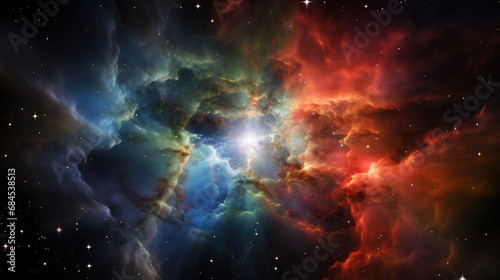 background of a huge shining nebula galaxy in the sky symbolizes the blossoming of love between Orion and Seraphim colorful and bright, green blue and orange created with Generative AI Technology