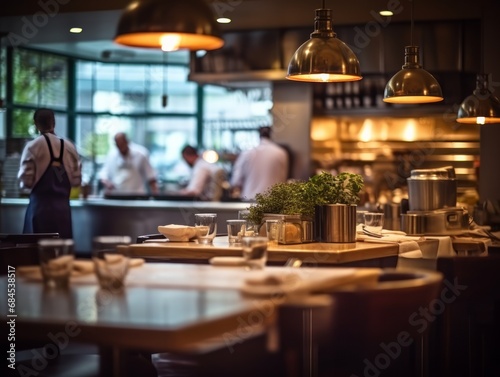 Bustling kitchen viewed from a restaurant's dining area with focus on the foreground table setting. © ParinApril