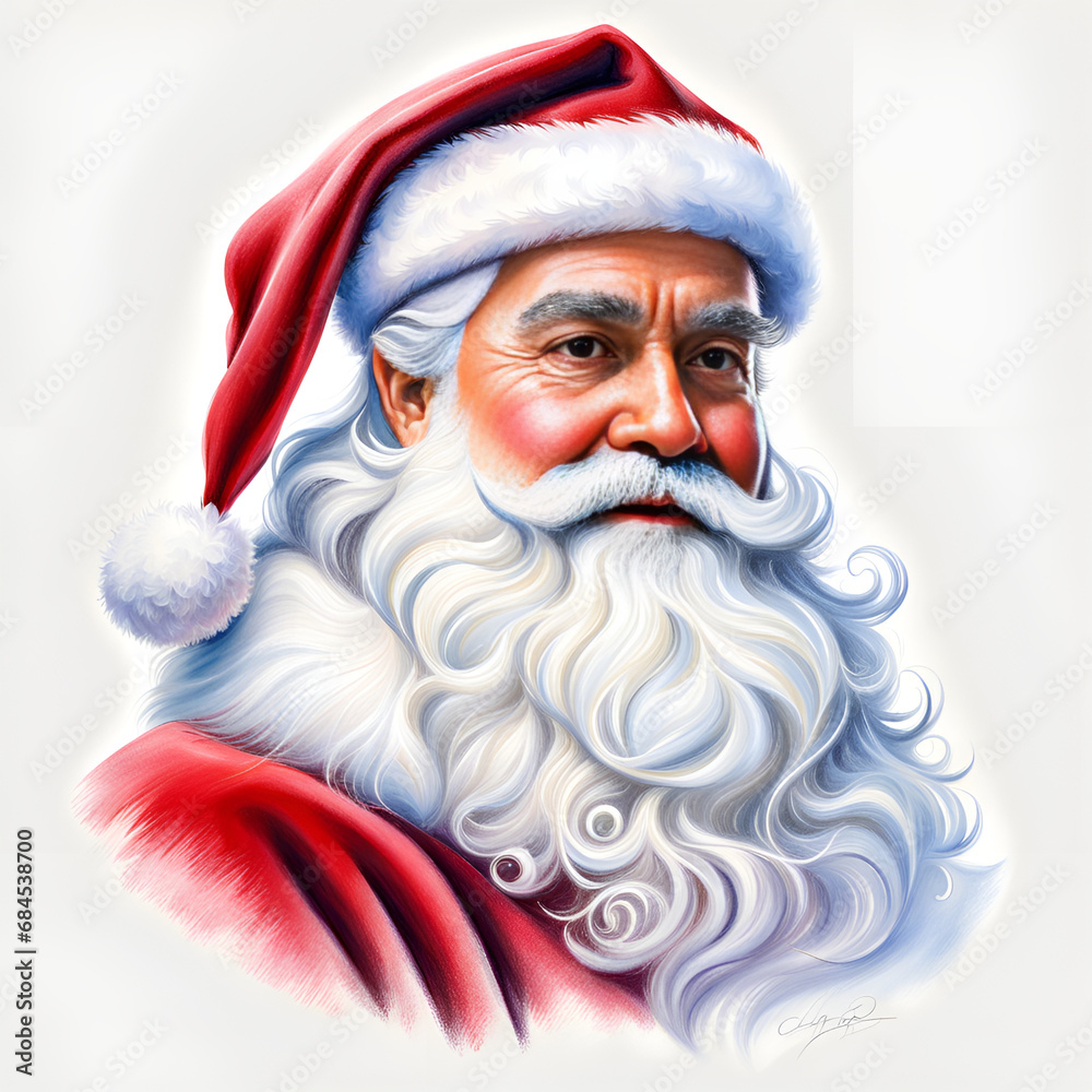 Christmas Santa, Rudolph, sleigh, watercolor