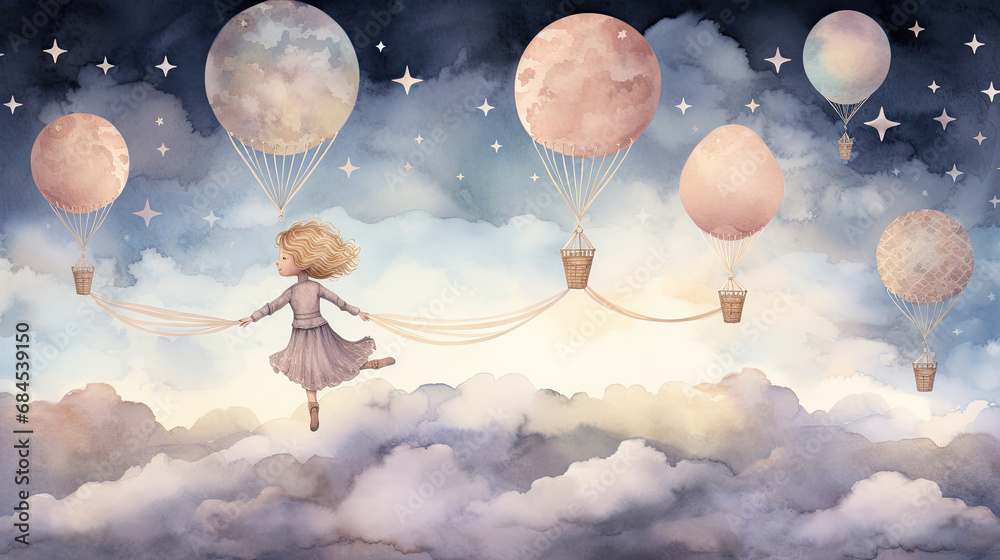 Dreamy watercolor illustration of a little girl floating in the sky at ...