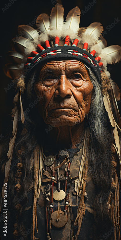 vintage black and white face of a Native American Indian Chief wearing traditional clothing and feathers created with Generative AI Technology