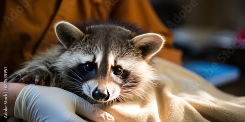 raccoon in a veterinary clinic undergoing treatment, wrapped in a blanket in your hands, closeup