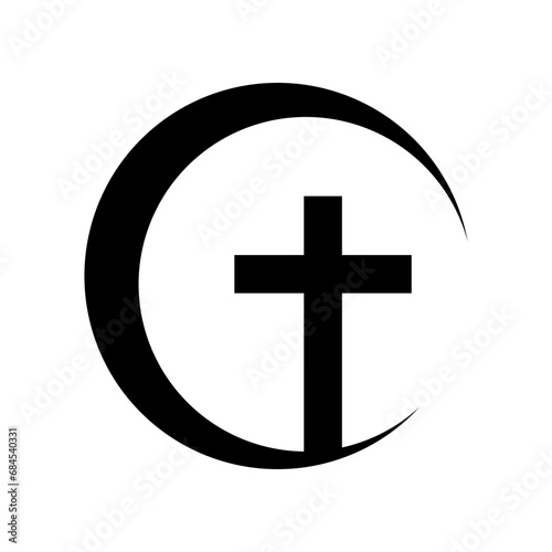 Black cross christian crucifix religion on crescent moon icon vector design