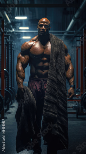 male bodybuilder standing and holding a towel in a gym created with Generative AI Technology