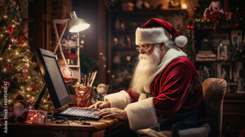 Amazed Santa Claus wearing Christmas hat sitting at work desk with computer and Christmas tree decorations created with Generative AI Technology