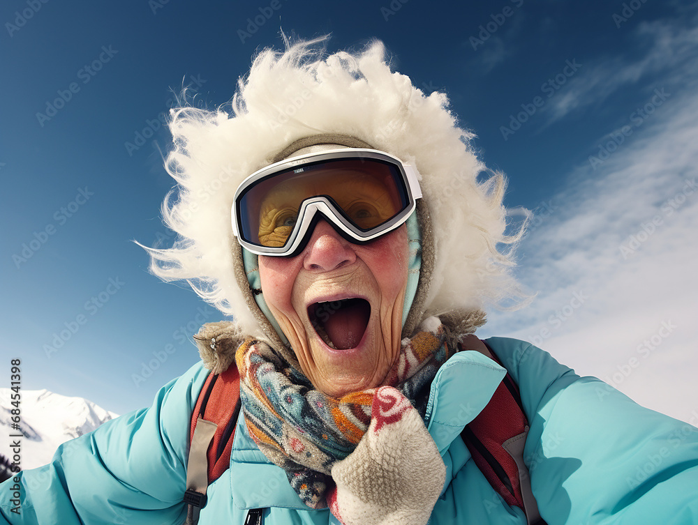 portrait of a senior person in winter ski outfit portrait of a senior person in winter ski outfit