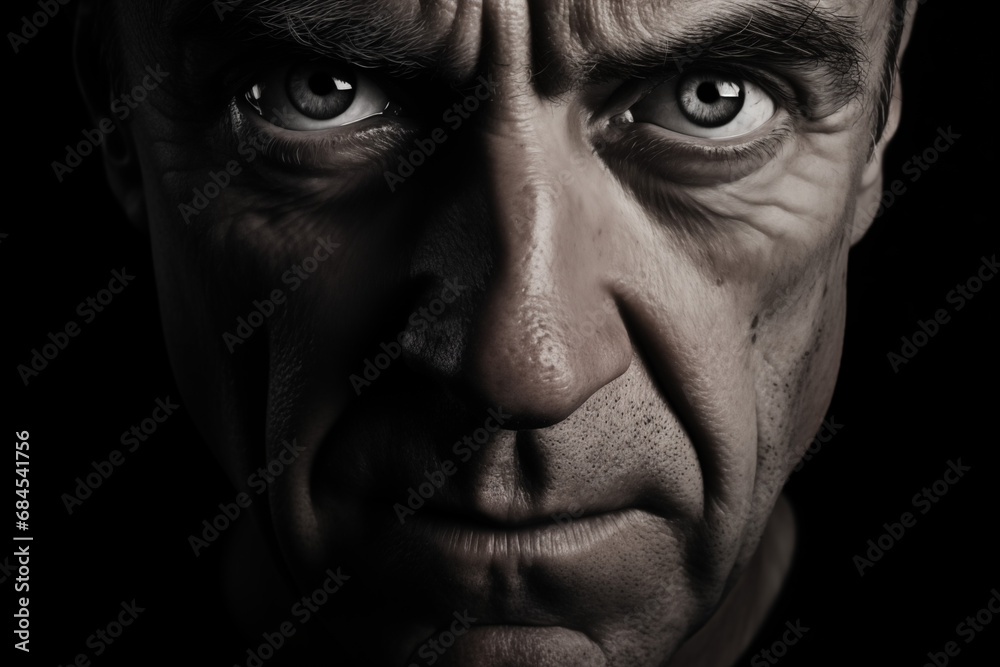Obraz premium Intense Emotion: A Captivating Monochrome Portrait of a Mature Man Against a Black Background, Piercing Gaze Reflecting Strong Feelings and Emotions