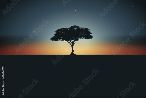 Dark Abstract Tree and sun set space background. Vector Illustration photo