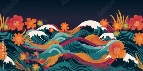 Asian waves and tropical flowers, banner for Asian American and Pacific Islander Heritage Month (APAHM) or AAPI in may