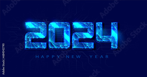 Futuristic Neon Glitch 2024 New Year Celebration Design on a Digital Background. Futuristic glowing banner polygonal style on blue. Vector illustration