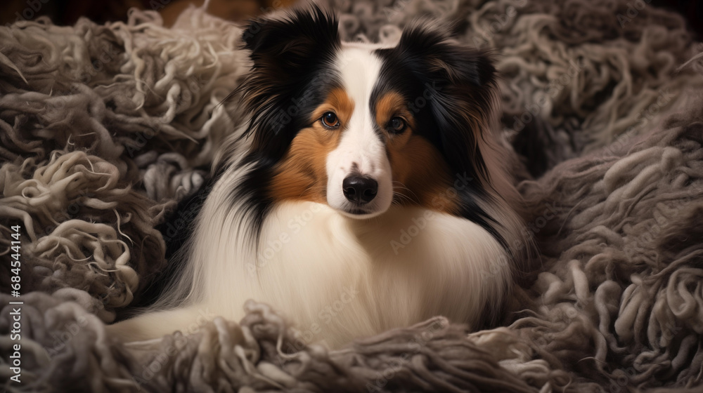 A collie dog lying in fluffy grey wool