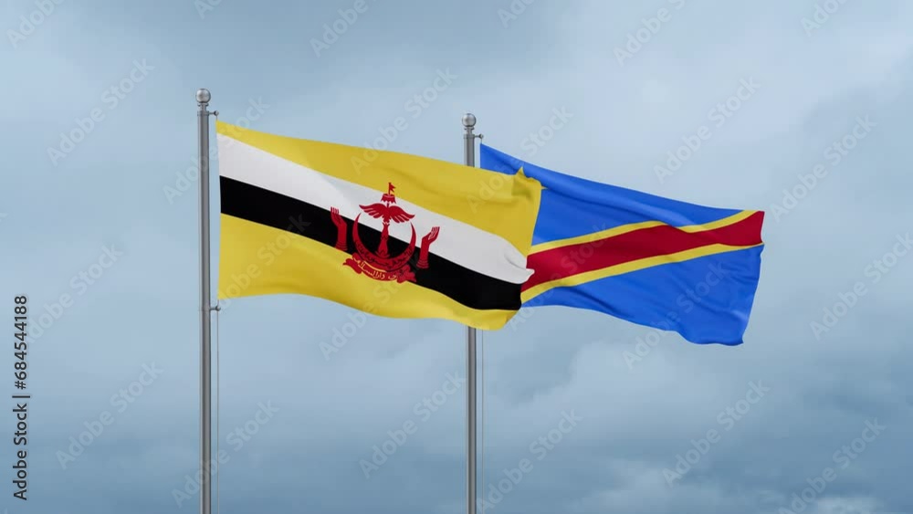 Democratic Republic of the Congo flag and Brunei flag waving together on cloudy sky, endless seamless loop, two country relations concept Democratic Republic of the Congo flag and Brunei flag waving together on cloudy sky, endless seamless loop, two country relations concept