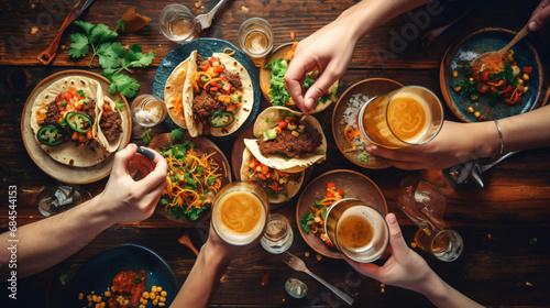 Friends enjoying with Mexican Taco dinner  photo