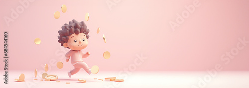 Boy jumping with money coins 3D animation. Busy kids entrepreneurs work with money illustration. Cartoon cute boy happy with coins, pastel colored pink background. Concept saving,earning money
