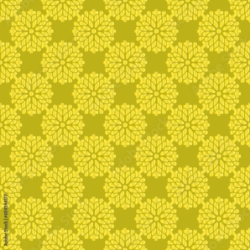round golden floral ornament on a pale green, olive background. seamless pattern. colorful decorative cover. packaging design.