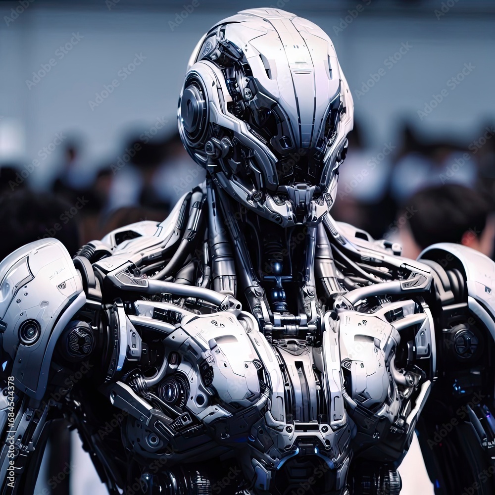 Hyper realistic futuristic robot industry cyborg cyberpunk dark technology machine poster art illustration cover hyper detailed future machines artificial intelligence AI singularity concept