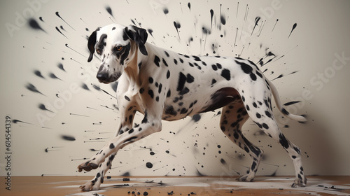 A dalmatian dog with black spots on the wall behind it photo