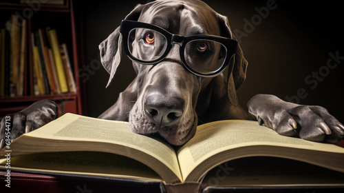 A great dane dog wearing glasses and reading a book