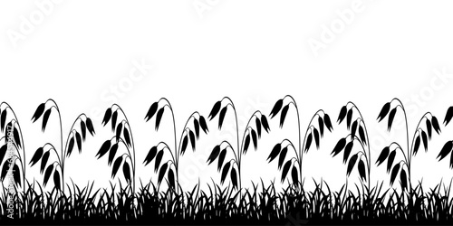 Silhouette of an oat field. Border with seamless patterns of grass and cereals. photo