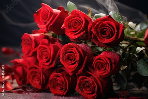 Gift box and bouquet of red roses. Romantic love background. Happy Valentine s Day.