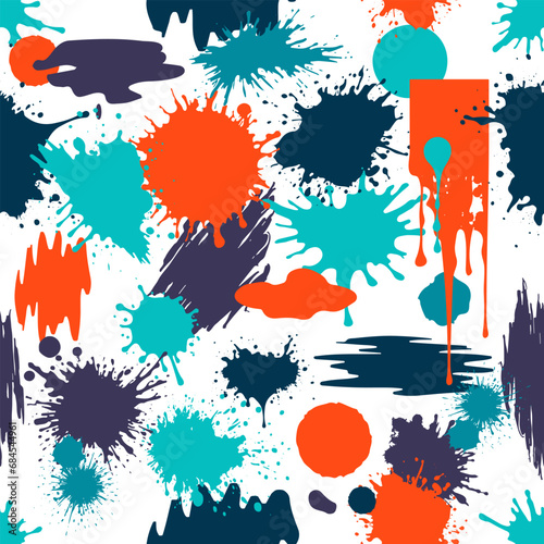 Paint splatter seamless pattern. Repeated abstract background color splash. Grunge ink spray spatter blot.