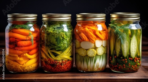 Assorted pickled vegetables in jars on wooden surface. Homemade preserves.