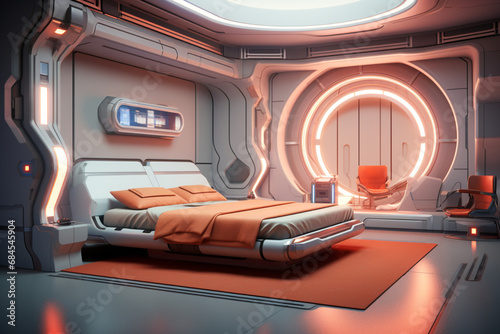 A futuristic bedroom with led lights pink colours