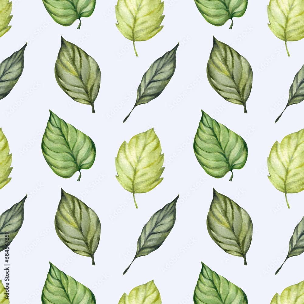 Watercolor pattern with green tree leaves. Botanical print, natural branches, greenery, leaves. Design and decoration, wrappers, packaging paper, eco products.