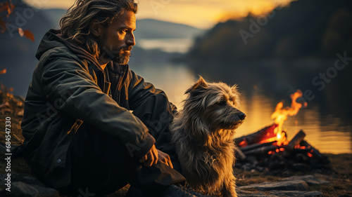 Brutal Man sitting by the fire in the evening with his favorite dog against the backdrop of a mountain lake at sunset.