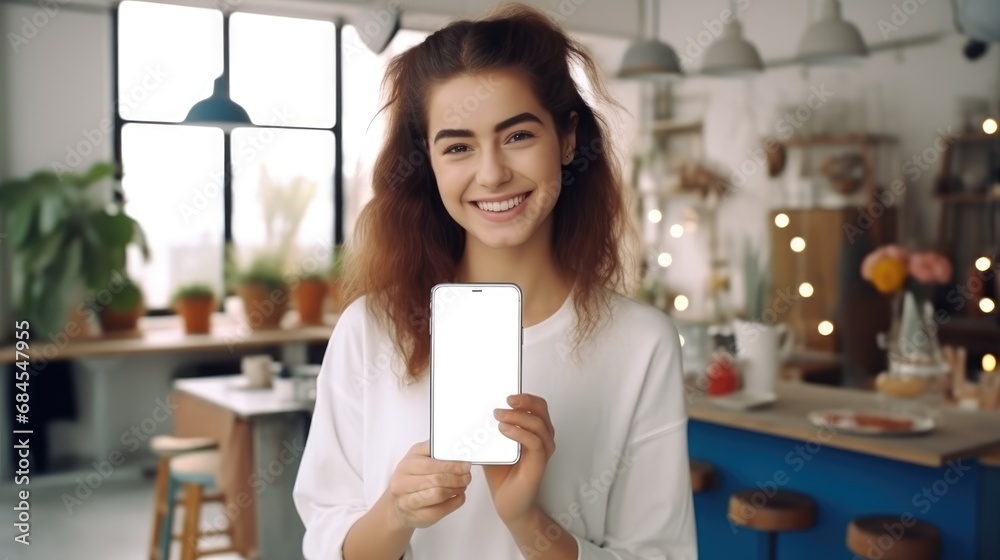 Girl holding a smartphone photo realistic illustration - Generative AI. Girl holding a smartphone photo realistic illustration - Generative AI.